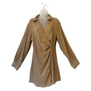 HYFVE Faux Wrap Mini Dress Camel Brown Long Sleeve V Neck Collar Pleats LARGE 10